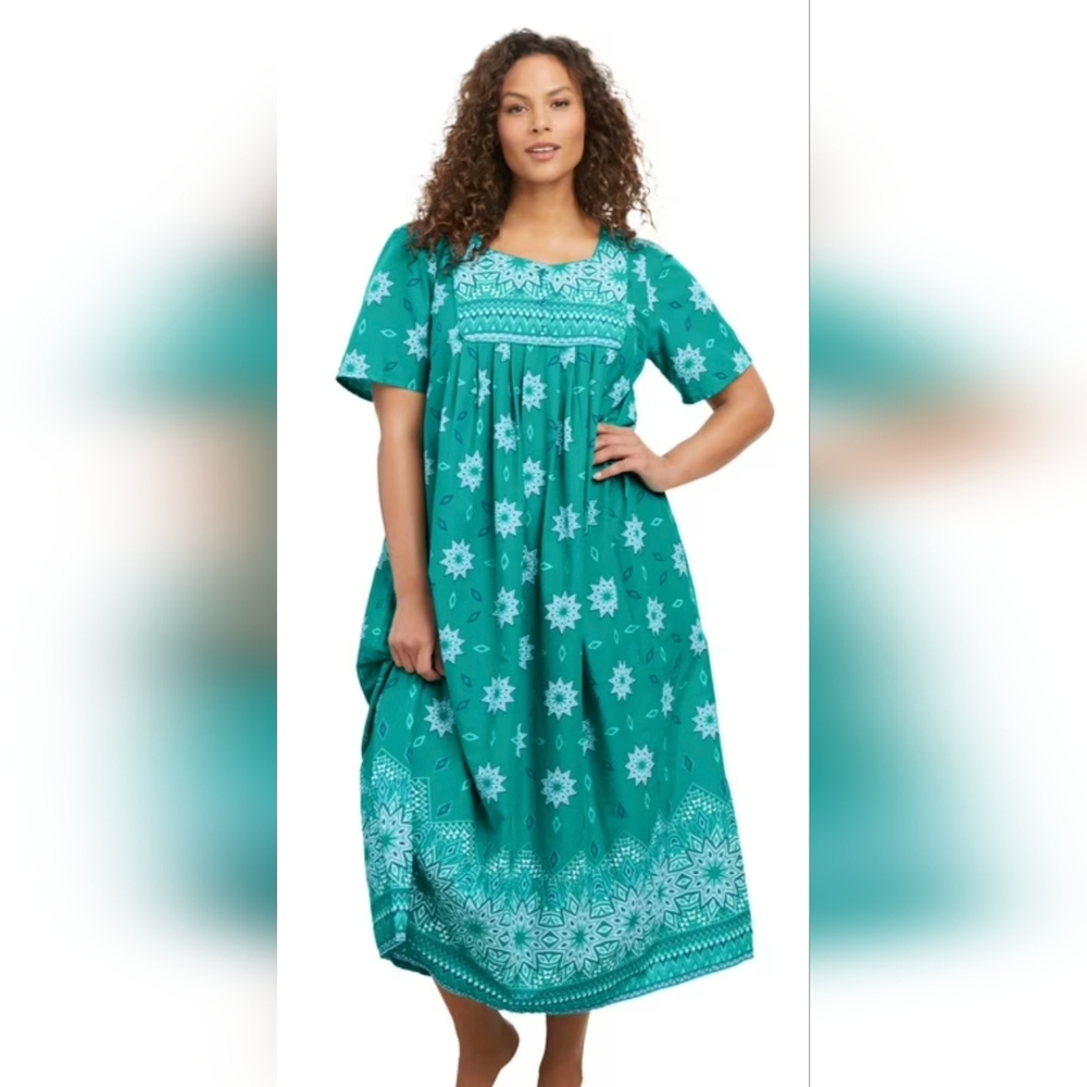 Only Necessities Teal & White Embroidered Cotton Nightgown